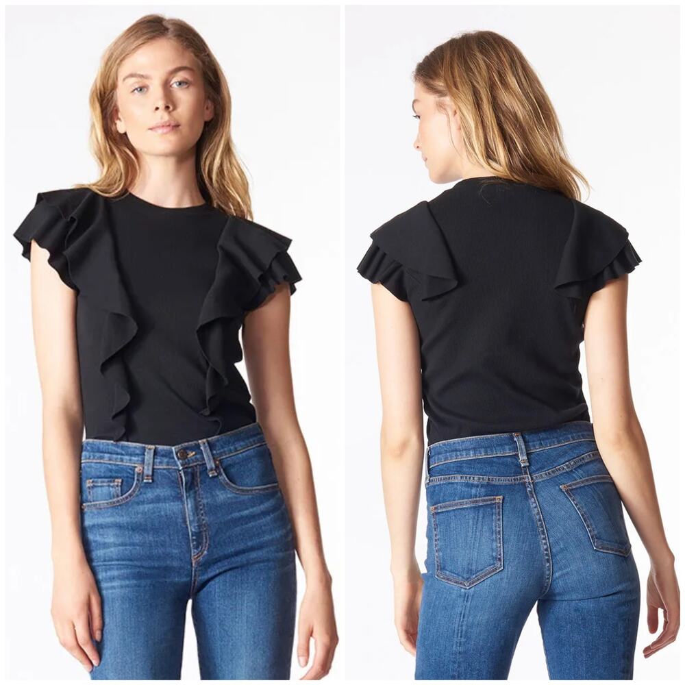Veronica Beard Bea Ruffle Tee Top Size Small Black Ribbed Cotton Designer